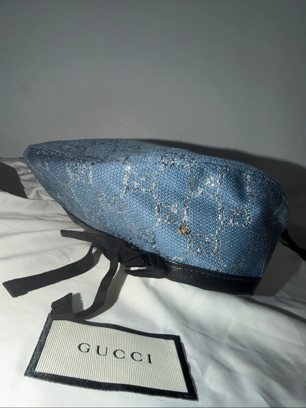 Gucci Light Blue Monogram Beret with Black Bow Trim